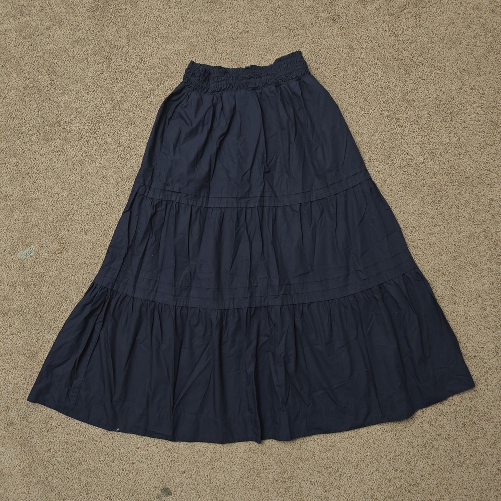 QUINCE Women Tiered Maxi Skirt M Navy Blue Organic Cotton Cottagecore RK001 - Picture 2 of 13